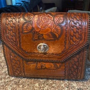 Vintage handtools leather handbag with roses